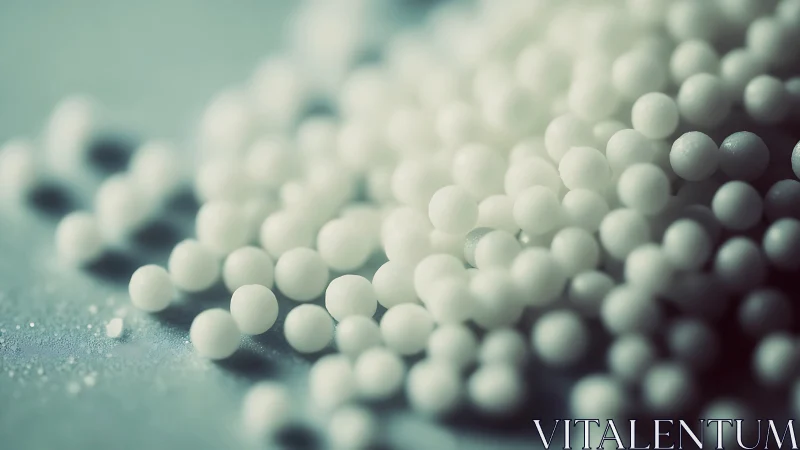 Macro study of matte white polymer microbeads on teal surface