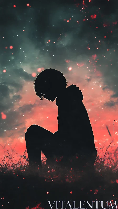 Stargazing silhouette boy under ember soaked twilight sky.