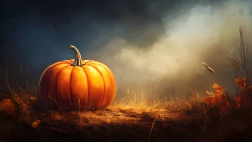 Single autumn pumpkin on moody field at soft sunrise.