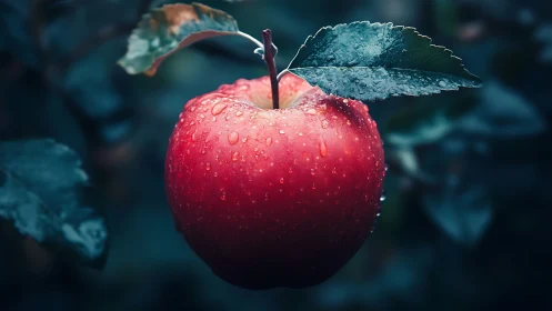 Morning-kissed red apple glows softly against deep green leaves