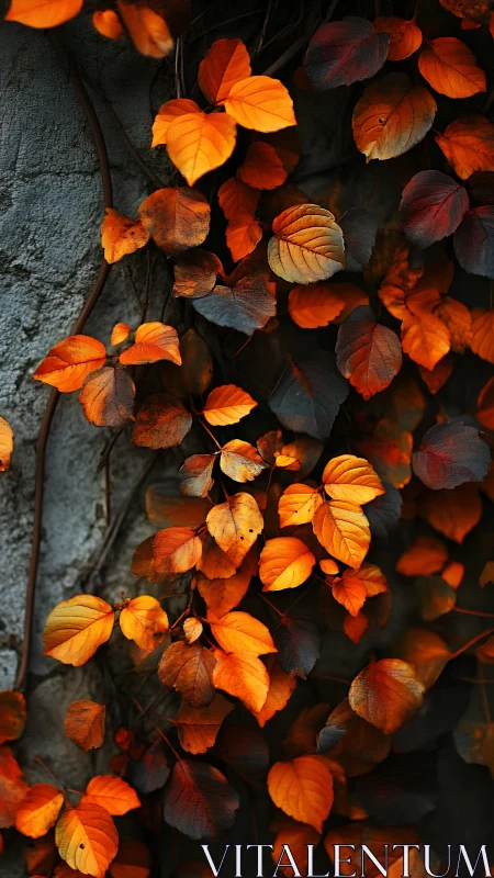 Autumn vine leaves climb textured stone wall in warm contrast.