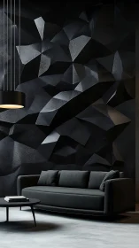 Black sofa against faceted geometric black accent wall