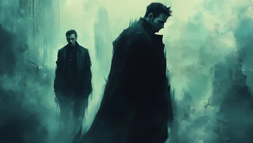 Fog drenched cyberpunk silhouettes in teal dystopian streetscape