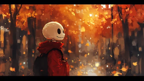 Skeleton-headed figure walks through glowing autumn forest