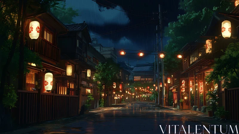 Rain-soaked lantern street in tranquil nocturnal district.