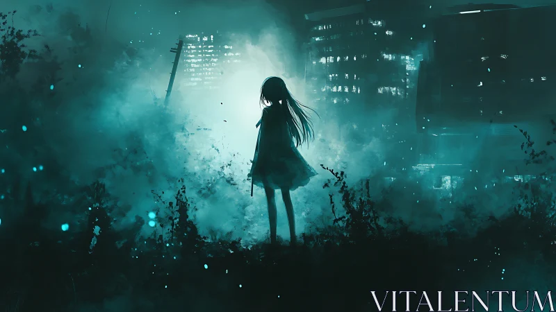 Solitary girl faces neon city through cyan storm haze.