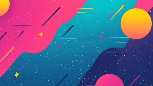 Neon planets drift through candy-colored cosmic currents.