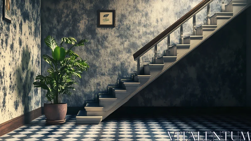 Diagonal staircase crosses textured wall as plant anchors tiled floor