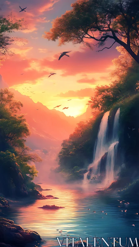 Luminous river valley waterfall at sunset with distant peaks