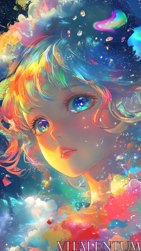 Portrait of luminous figure in multicolored cosmic clouds.