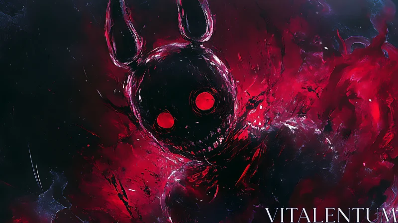 Demonic rabbit silhouette in violent red digital maelstrom.