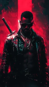 Sword-wearing figure in leather jacket under red backlight.