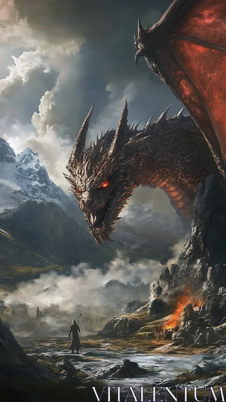 Dragon descends over lone sorcerer in stormy mountain pass.