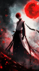 Red‑haired swordsman under burning crimson moonscape.