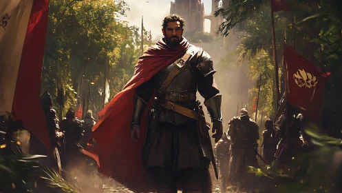 Crimson-cloaked commander strides through sunlit jungle warpath.