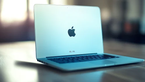 Slim silver laptop on wooden desk in soft interior light.