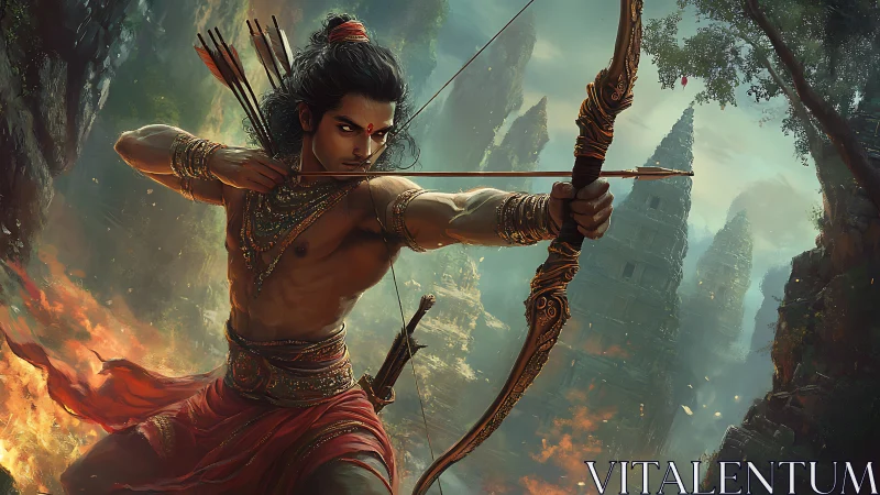 Warrior archer draws ornate bow in dense ruined landscape