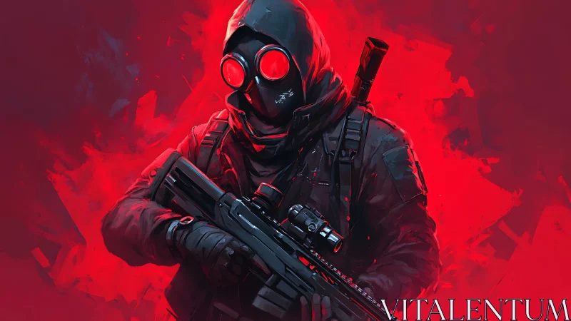 Hooded tactical operative in neon red atmospheric combat scene.
