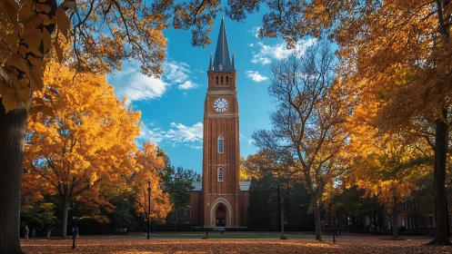 Brick campus clocktower framed by vivid autumn foliage.