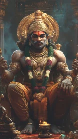 Regal warrior deity on gilded throne with ornate temple detailing