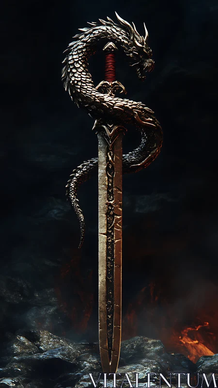 Coiled dragon-hilt greatsword rendered in dramatic 3D lighting