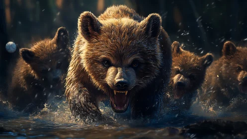 Charging grizzly bears in cinematic low key river splash scene.