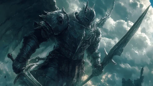 Armored dark knight dominates storm-lit fantasy battlements