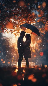 Silhouetted couple under umbrella amid autumn leaves and golden bokeh.