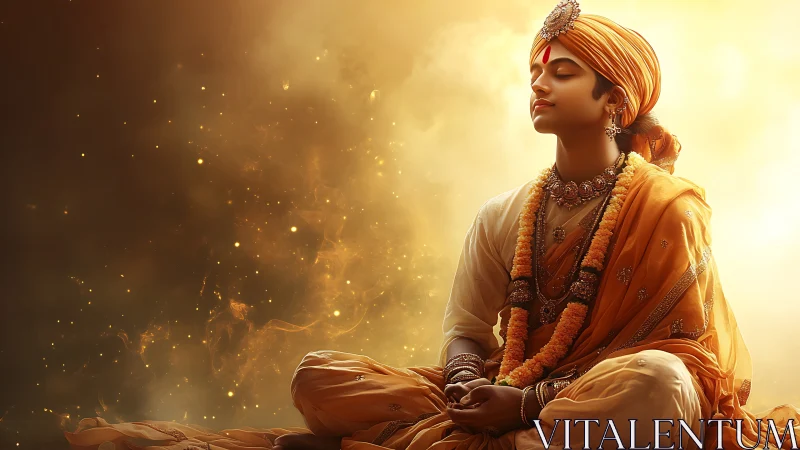 Golden-robed young meditator resting in peaceful stillness.