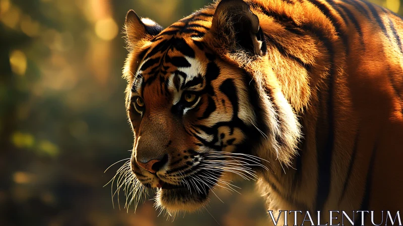 Focused tiger in warm forest light, side profile view.
