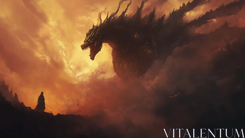 Cinematic digital painting of warrior confronting colossal dragon.