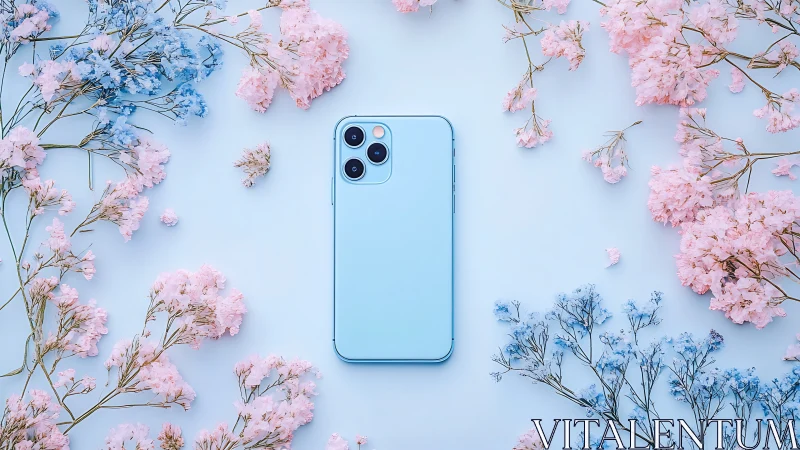 Light Blue Smartphone With Triple-Lens Camera Against Floral Background.