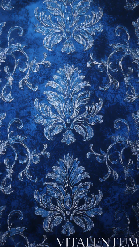 Midnight blue damask blooms with shimmering silver grace.