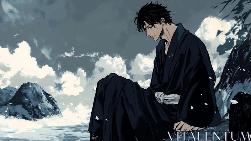 Brooding swordsman sits by stormy monochrome shoreline.