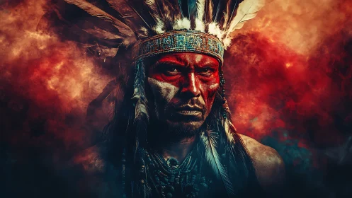 Portrait depicts feathered headdress subject in red smoke