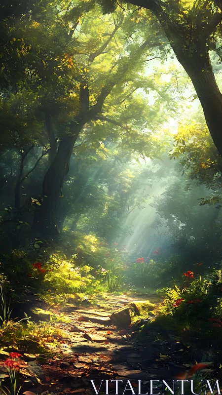 Sunlit forest path through dense canopy with light rays