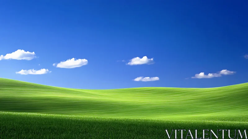 Rolling emerald hills under storybook blue summer sky.