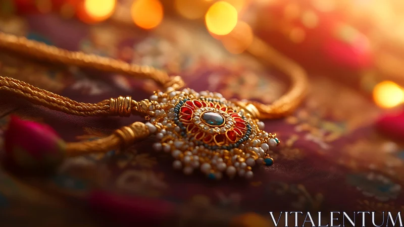 Golden festive necklace rests in warm glowing candlelight