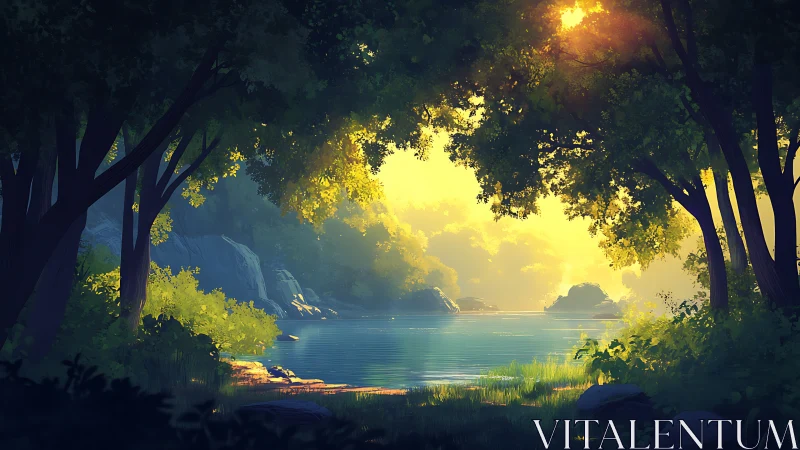 Luminous forest cavern frames serene turquoise lagoon beneath golden canopy light.