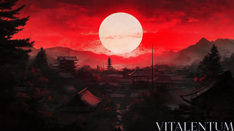 Blood-red sun dominates misty traditional Japanese town