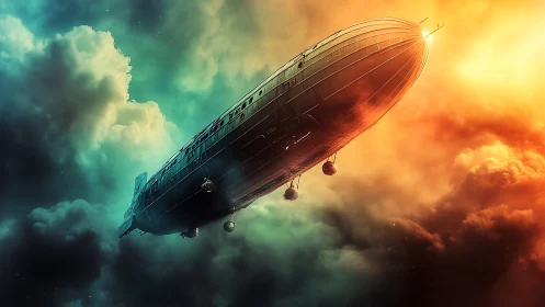 Dirigible airship crossing dramatic dual color sky.