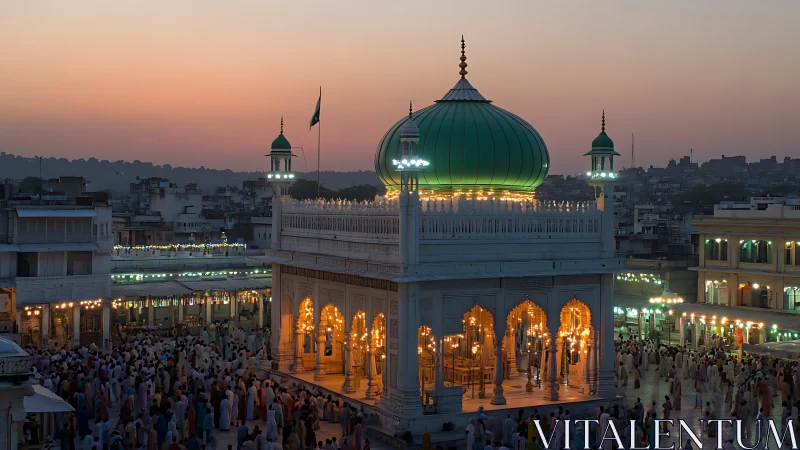 Twilight lanterns crown the green-domed shrine above soft crowds