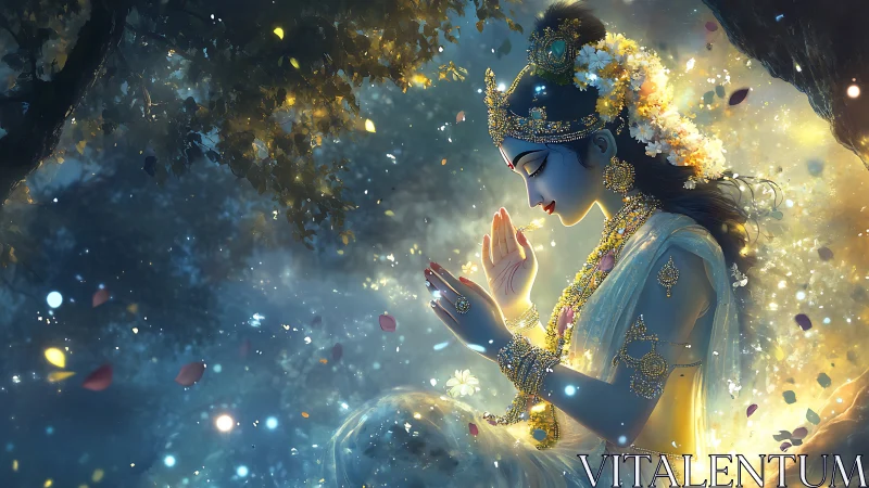 Radiant goddess in a moonlit forest of quiet devotion.