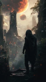 Lone wanderer surveys burning ruins under fractured planets.