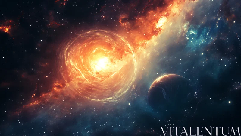 Fiery cosmic vortex glows beside distant dark planet