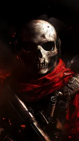 Skull-masked gunner stalks through ember-scorched darkness