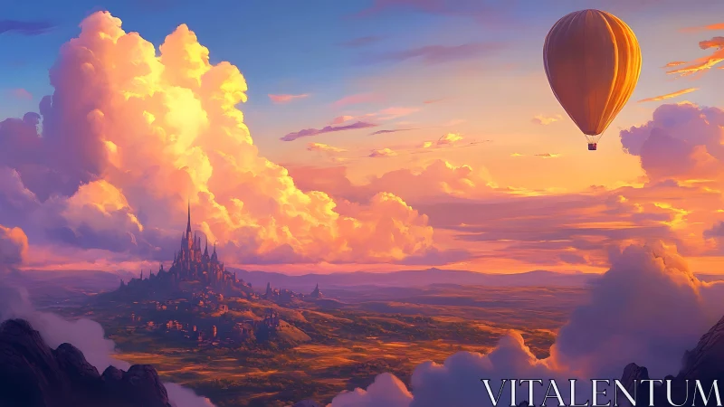 Golden balloon drifts above a dreamy castle at sunset sky