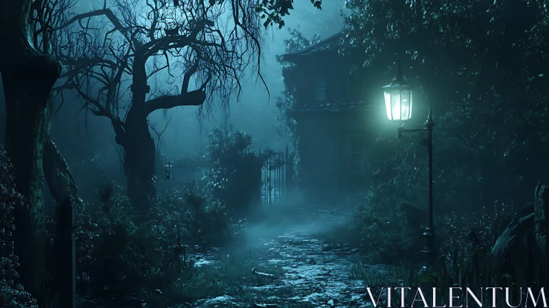 Misty garden path glows under a lonely lamppost at night