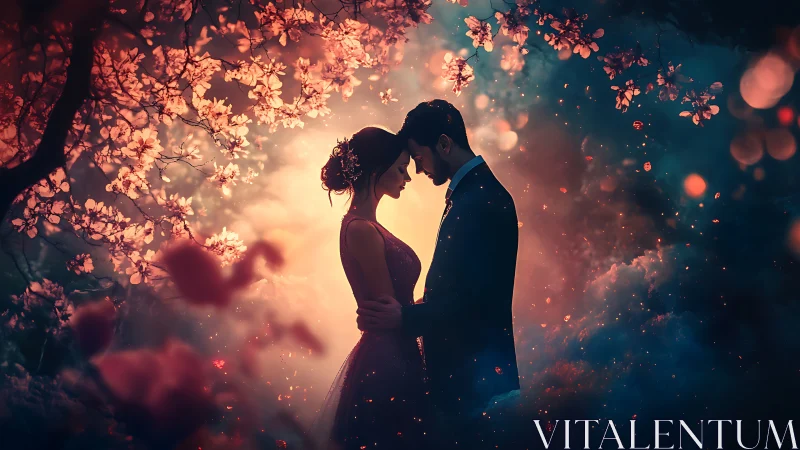 Two hearts finding magic under the glowing blossom trees