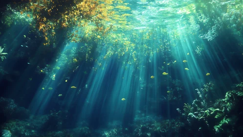 Sunlit underwater kelp forest shows volumetric light beams